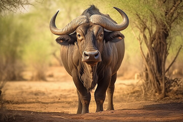 Close up monochrome portrait of cape buffalo head and horn. Generative AI - obrazy, fototapety, plakaty