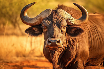 Close up monochrome portrait of cape buffalo head and horn. Generative AI - obrazy, fototapety, plakaty