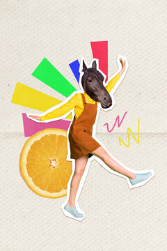 Vertical collage picture of overjoyed girl horse head dancing big orange fruit slice isolated on paper background