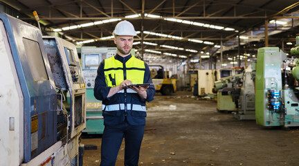 engineer worker using digital tablet for checking in factory