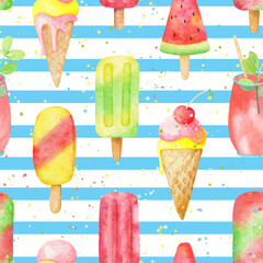 Summer seamless watercolor pattern with ice cream, watermelon and Tropical cocktail on blue stripes