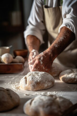 Male hands kneading dough on sprinkled with flour table, closeup. Ai generative