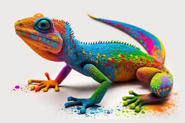 Colorful lizard. Beautiful animals nature with fantasy ink cartoon paint and plasticine toy. Fun background for kids. Generative ai. - obrazy, fototapety, plakaty