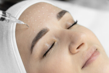 In beauty clinic cosmetologist conducts fractional facial mesotherapy to stimulate natural...