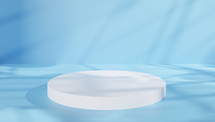 Realistic 3D rendering of a cylinder product display pedestal podium for beauty skincare natural concept products. Sunlight with tropical leaf shadow in background. Round, showcase, stage, template