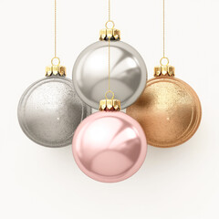 Pink Christmas balls with solid white background.