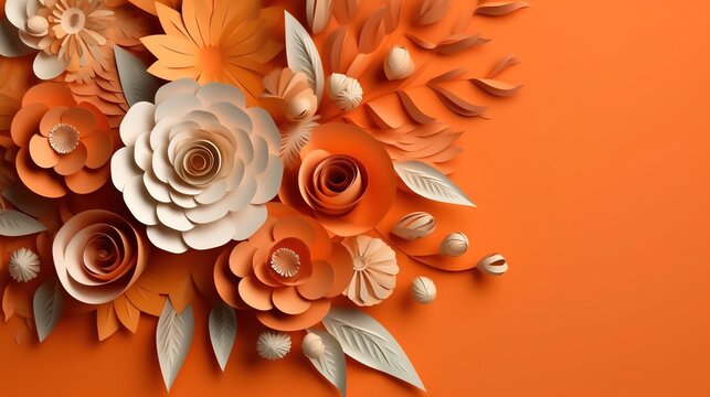 Generative AI, Paper cut craft flowers and leaves, apricot crush orange color, origami textured background, spring mood. Floral frame layout..