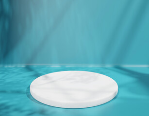 Realistic 3D rendering of a cylinder product display pedestal podium for beauty skincare natural concept products. Sunlight with tropical leaf shadow in background. Round, showcase, stage, template