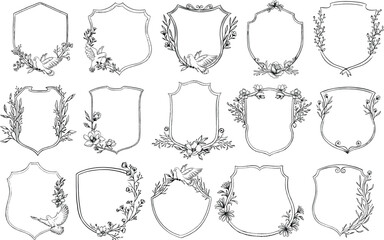 Set Collection Hand Drawn Classic Vintage Wedding Badges Line Art Illustration vector