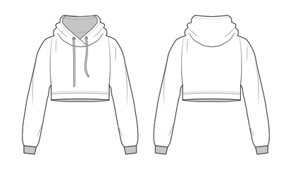 Girl's cropped Sweatshirt design fashion flat sketch template. Oversize crop Hoodie sweat with long sleeves technical drawing template. Hoodie fashion cad.
