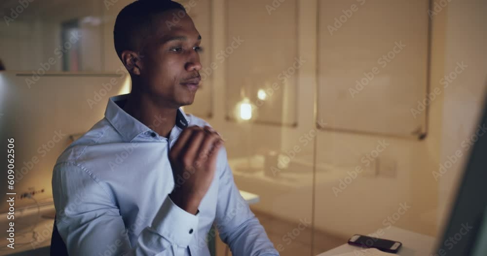 Poster night, office and tired man on computer with anxiety, stress and frustrated with internet, delay or 