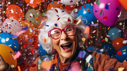 a grandmother feeling young celebrates a party with lots of confetti, generative AI