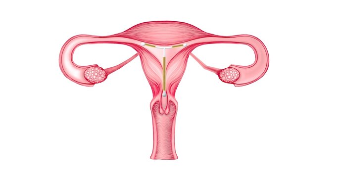 The female reproductive system with an intrauterine device inside. 3d illustration of female organs isolated on white background.