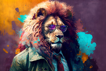 acid Pop colorful lion wearing sunglasse	