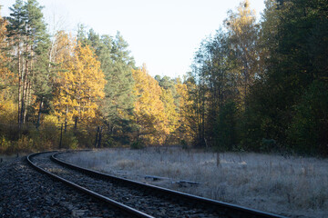 Naturalny krajobraz jesienny z elementami infrastruktury kolejowej