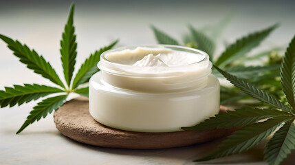 Obraz na płótnie Canvas Cannabis-CBD Skin Care Moisture Cream on Podium Generative Ai