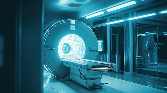 MRI - Magnetic resonance imaging scan device in Hospital. Medical Equipment and Health Care. Generative AI