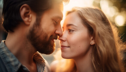 Young couple embracing in nature at sunset generated by AI