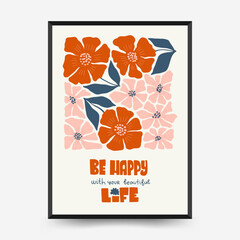 Abstract floral posters template. Modern trendy Matisse minimal style. Pink and blue colors. Hand drawn design for wallpaper, wall decor, print, postcard, cover, template, banner. 