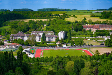 Track and field and football stadium in Provins, a medieval city in the French department of Seine...