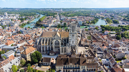 Aerial view of the Saint Etienne cathedral of Meaux, a roman catholic church built in the 12th...