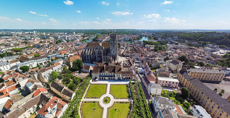 Aerial view of the gardens of the Episcopal Palace and Saint Etienne Cathedral of Meaux, a Roman Catholic church in the Seine et Marne department near Paris, France