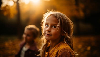Fototapeta premium Cute girls playing in nature, enjoying autumn fun generated by AI