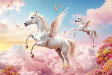 Naklejka na ściany i meble Beautiful white and pink unicorns flying in the sky AI generative