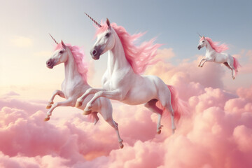 Beautiful white and pink unicorns flying in the sky AI generative