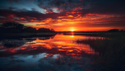 Fototapeta na wymiar Vibrant sunset reflects beauty in tranquil nature scene generated by AI
