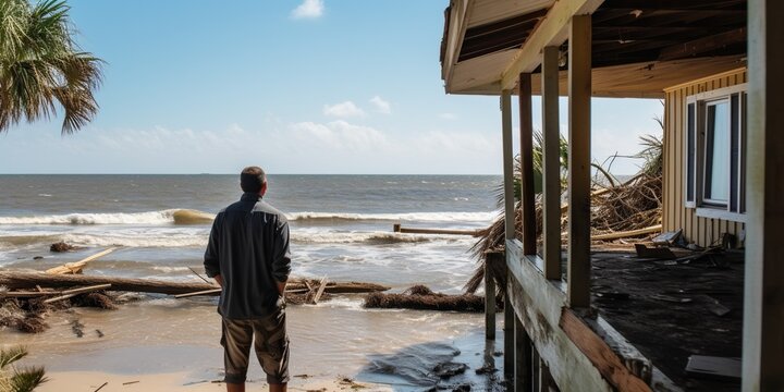 A coastal resident surveys his flood-damaged home, a personal encounter with the ongoing climate crisis, concept of Environmental vulnerability, created with Generative AI technology