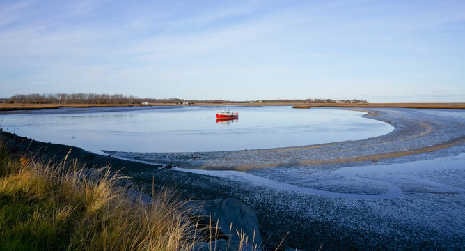 Fishing boat docking on North River Marshfield MA USA