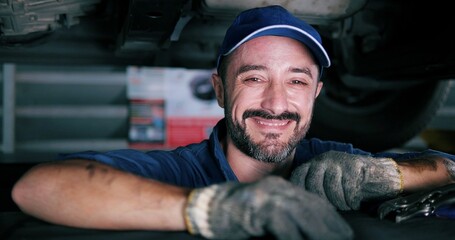 Close up smiling face auto mechanic caucasian man in uniform looking to camera. Auto service, repair, maintenance concept