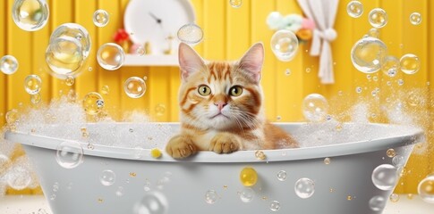 Cute ginger cat in bathtub with foam on yellow wall background. Created with Generative AI tools
