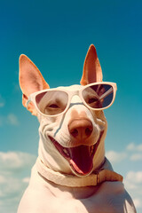 Happy looking bull terrier wearing sun glasses on a sunny beach AI generative