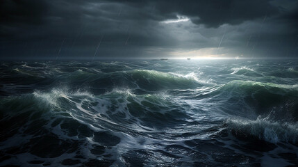 dark ocean storm with lighting and waves at night - obrazy, fototapety, plakaty