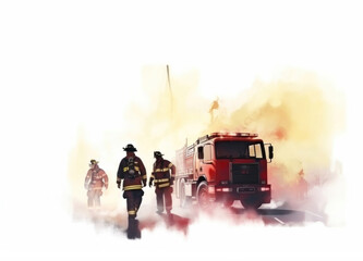 Generative AI illustration painting of a firemen on white background