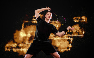 Badminton player in neon lights. Download a photo of a Badminton player for a racket packaging design. Image for Badminton box template.