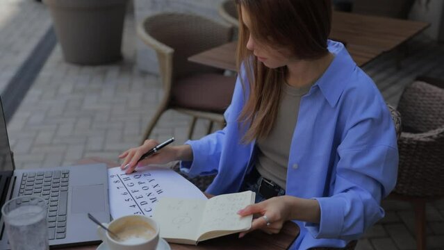 numerologist girl makes a calculation according to numerology, future by date of birth, find out her purpose with the help of numbers top view