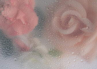 Pink rose flowers arrangement behind a white matte glass blurry with water drops,soft focus,DOF- depth of field