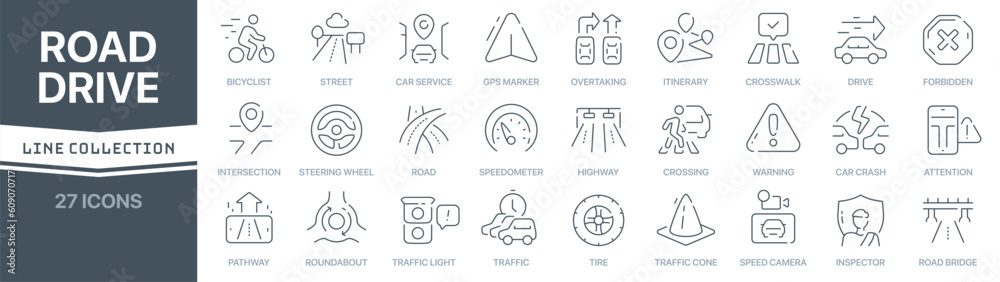 Aufkleber road and drive linear signed icon collection. signed thin line icons collection. set of road and dri