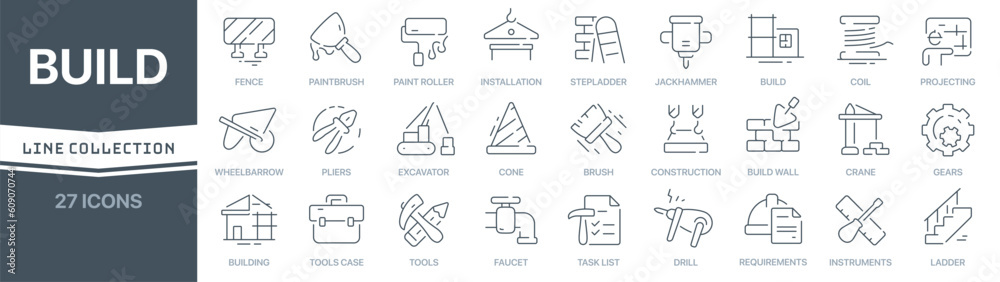 Poster build linear signed icon collection. signed thin line icons collection. set of build simple outline 