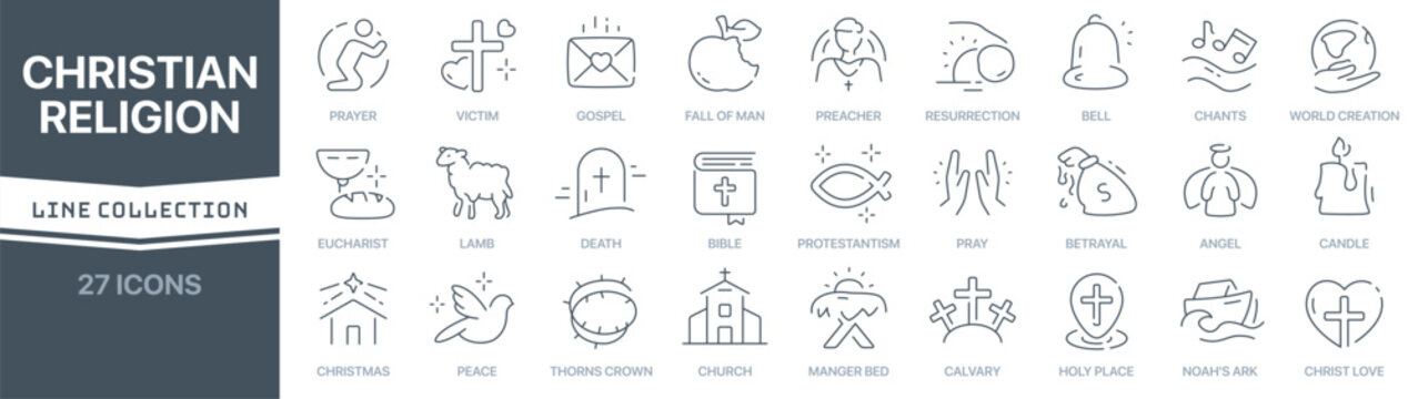 Christian religion linear signed icon collection. Signed thin line icons collection. Set of Christian religion simple outline icons