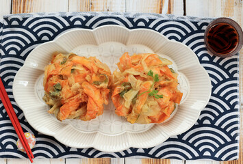 Fototapeta Sweet Potato and Green Onion, and Cabbage Kakiage Tempura obraz