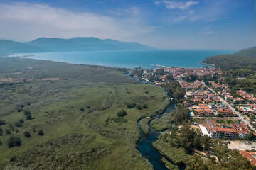 Aerial view of Azmak River in Akyaka, Mugla, Turkey