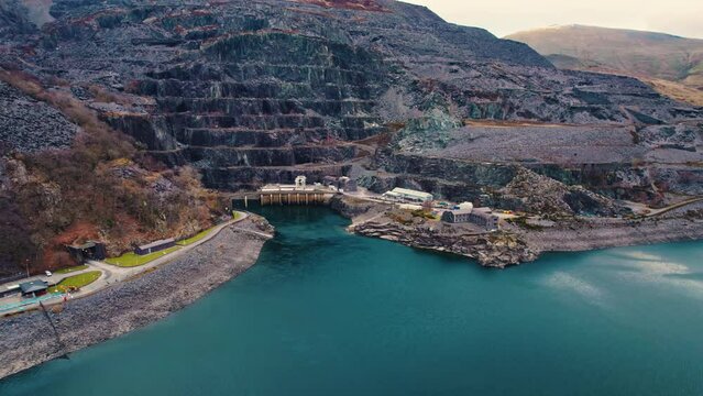 Llyn Peris Lake - lower reservoir of Dinorwig power station. Aerial view over famous lake in Wales. High quality 4k footage