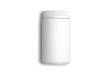 White glossy plastic bottle with a loop latch on the cap for medicine, pills. Realistic packaging mockup template. Front view.3.d rendering