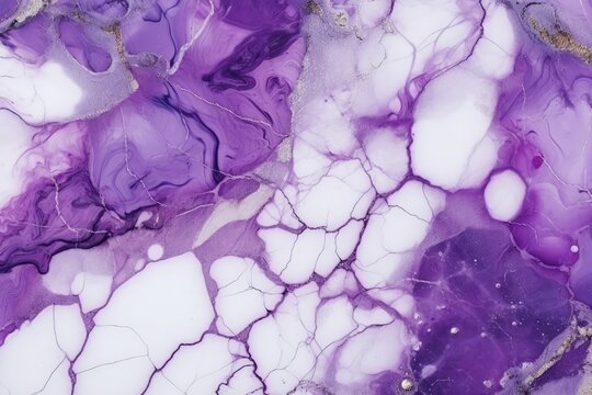 White, glitter gold and purple detailed marble background photo. Generative AI