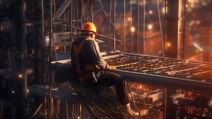 Worker climbing construction building wallpaper, illustration for product presentation template, copy space dark background. Ai generative