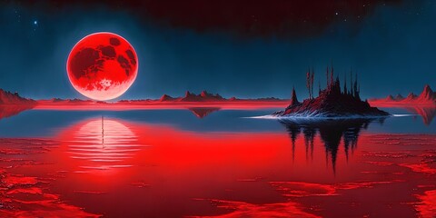 A painting of a red moon over a body of water, space art, sci-fi, fantasy, detailed painting, AI generative